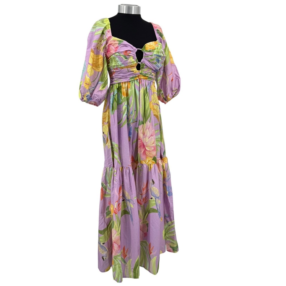 Farm Rio Oasis Tropical Lilac Purple Parrot Floral Maxi Dress Women's Small - Picture 3 of 14